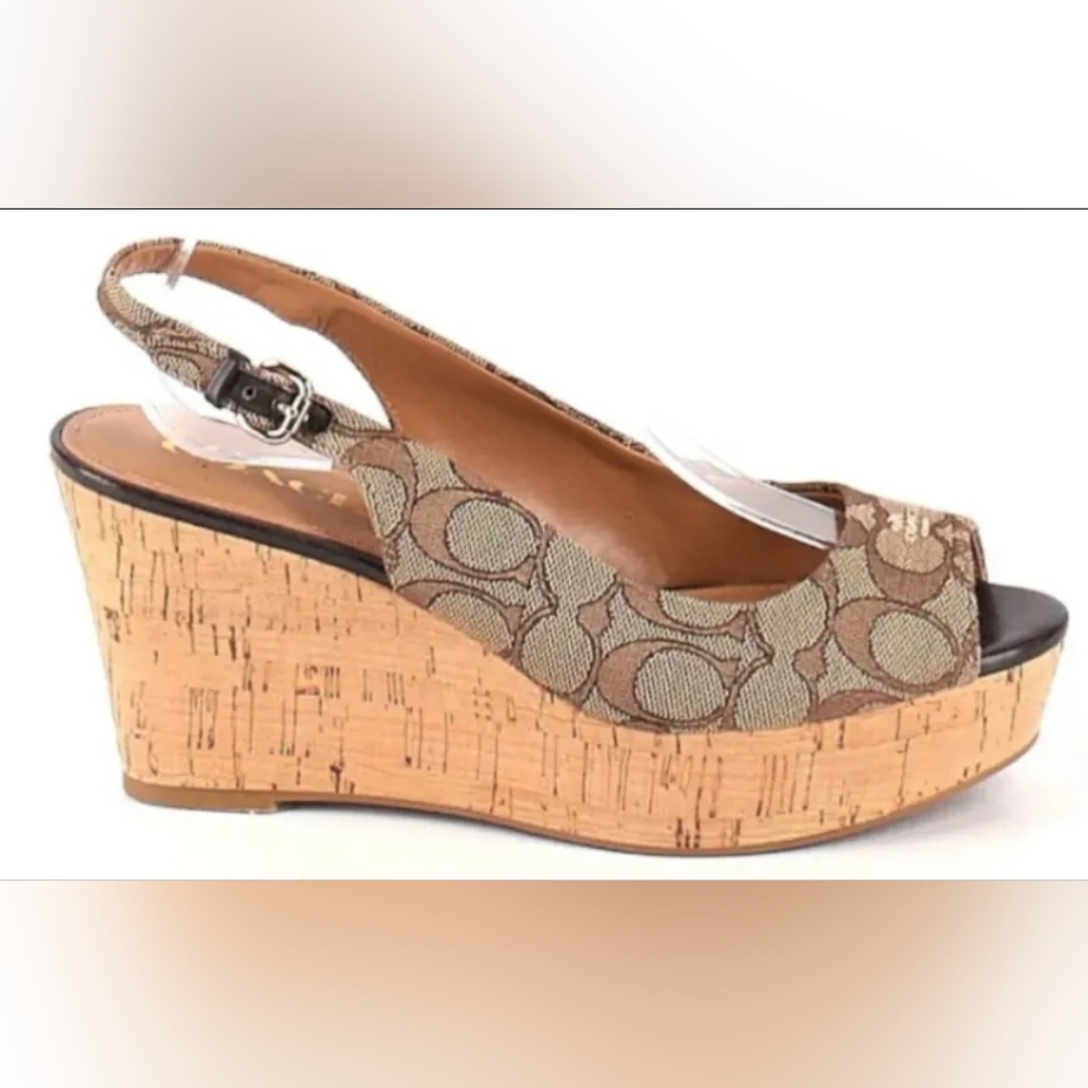 Coach Ferry Canvas Womens size 8.5 Brown/Khaki Logo Cork Wedge Platform Peep Toe